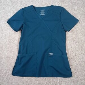 Cherokee Workwear Women's XS Scrub Top V-Neck Caribbean Blue Pockets WW610